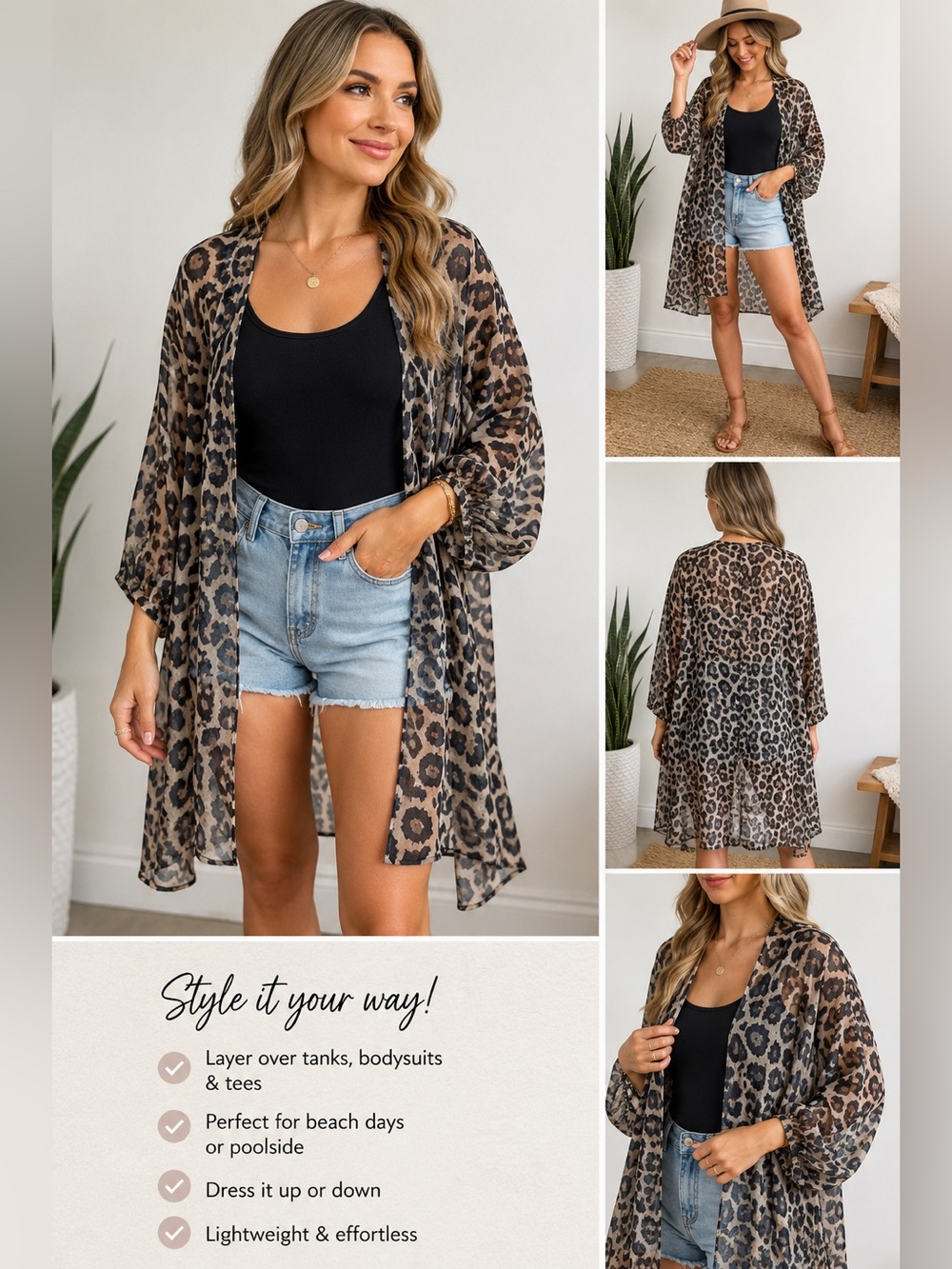J.NNA+ Leopard Print Sheer Kimono Cardigan NWT Size Large